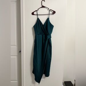 Lulus Dark Teal Satin Asymmetric Midi Dress Glam Cocktail Fairy Whimsigoth M